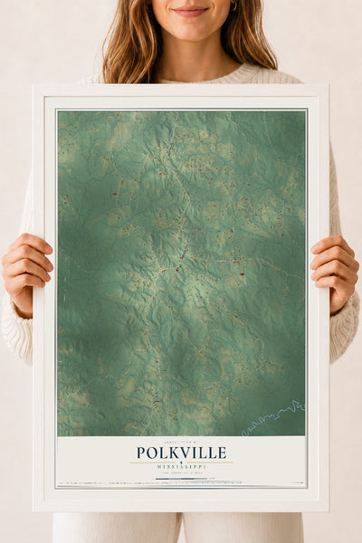 Map of Polkville, Mississippi, 18 x 24 inch print in a white wood frame
