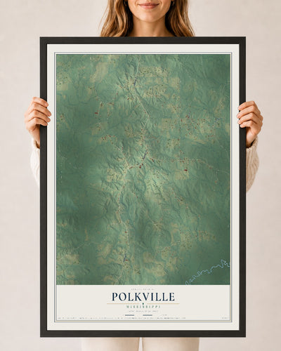 Map of Polkville, Mississippi, 24 x 36 inch print in a black wood frame