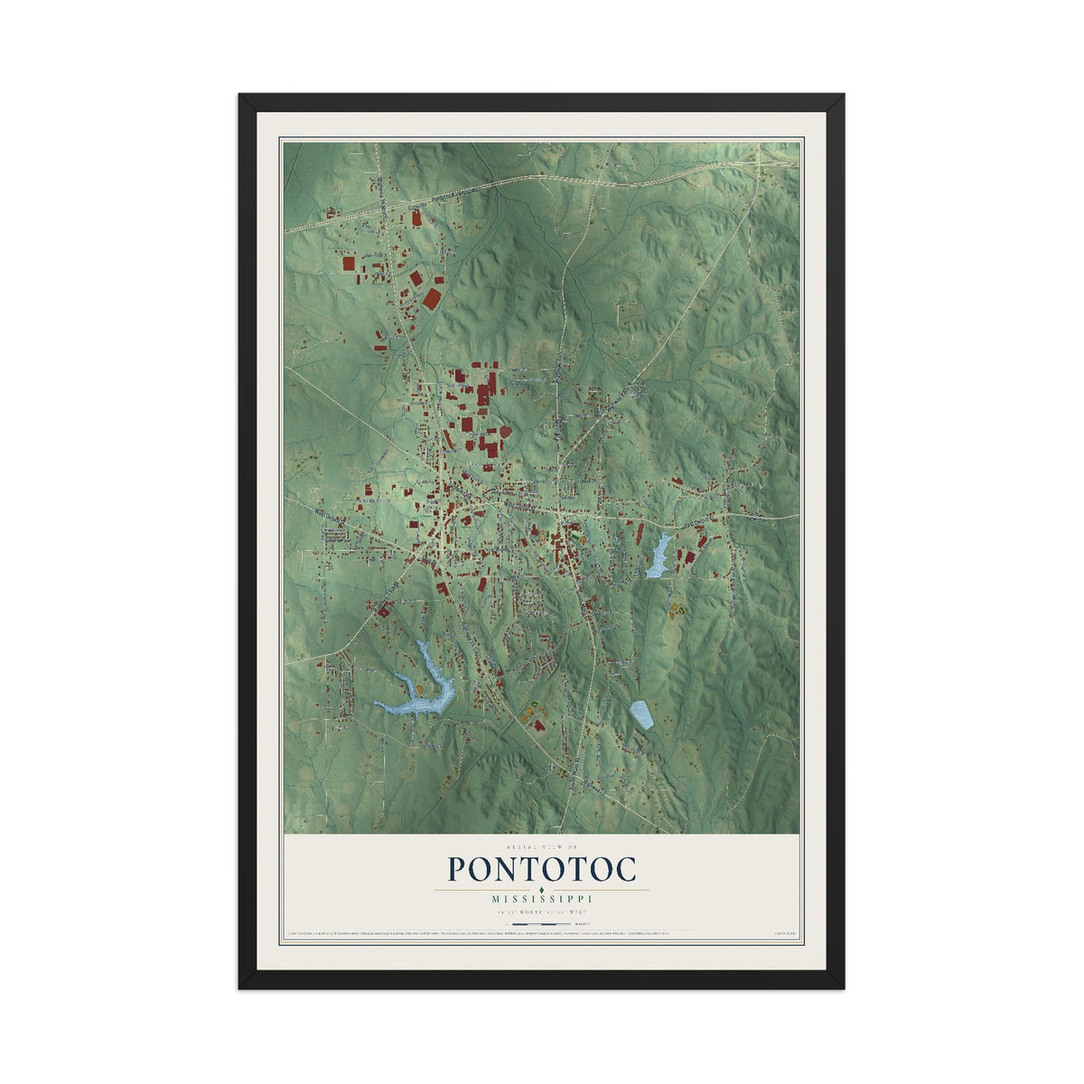 Map of Pontotoc, Mississippi, 12 x 18 inch print in a black wood frame