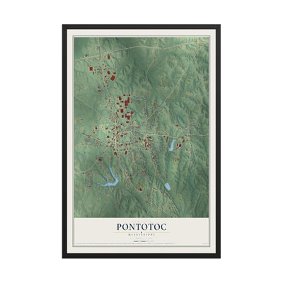 Map of Pontotoc, Mississippi, 12 x 18 inch print in a black wood frame