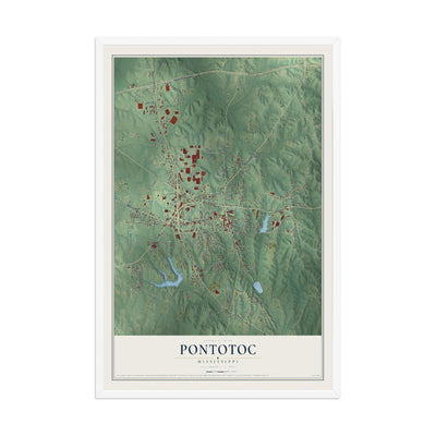 Map of Pontotoc, Mississippi, 12 x 18 inch print in a white wood frame