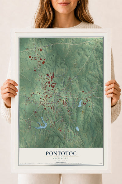 Map of Pontotoc, Mississippi, 18 x 24 inch print in a white wood frame