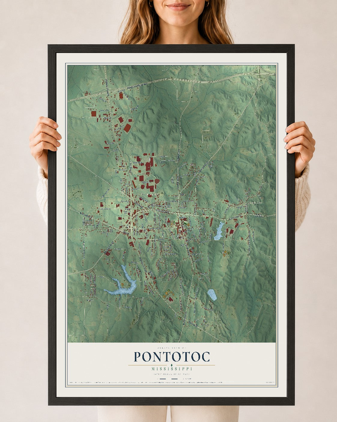 Map of Pontotoc, Mississippi, 24 x 36 inch print in a black wood frame