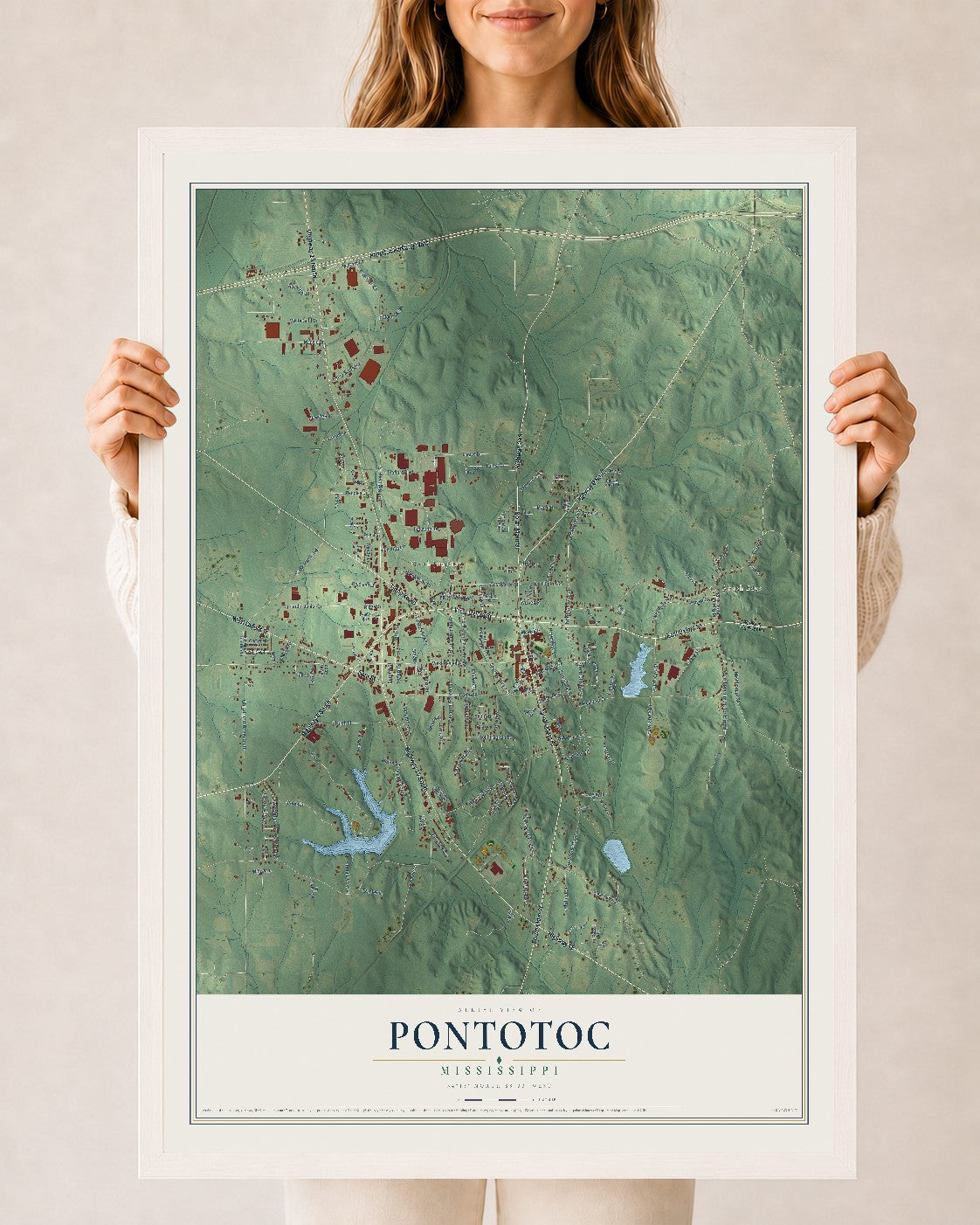 Map of Pontotoc, Mississippi, 24 x 36 inch print in a white wood frame