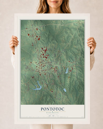 Map of Pontotoc, Mississippi, 24 x 36 inch print in a white wood frame