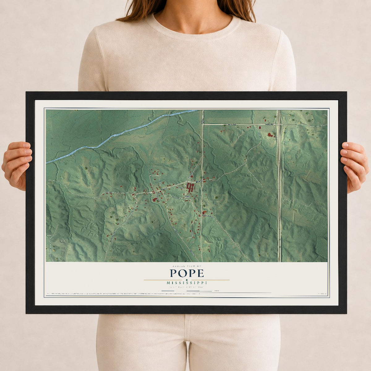 Map of Pope, Mississippi, 12 x 18 inch print in a black wood frame