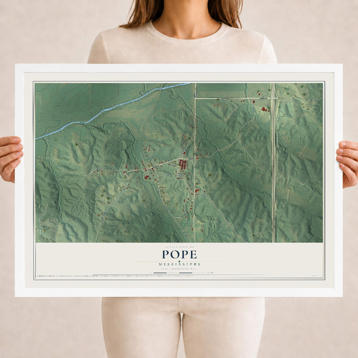Map of Pope, Mississippi, 18 x 24 inch print in a white wood frame