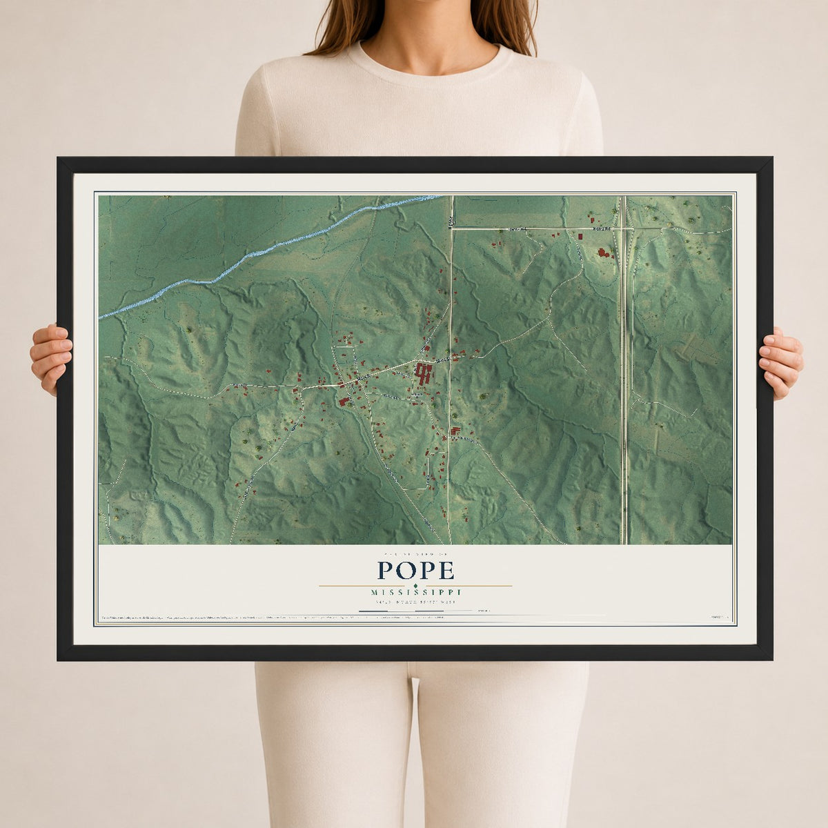 Map of Pope, Mississippi, 24 x 36 inch print in a black wood frame