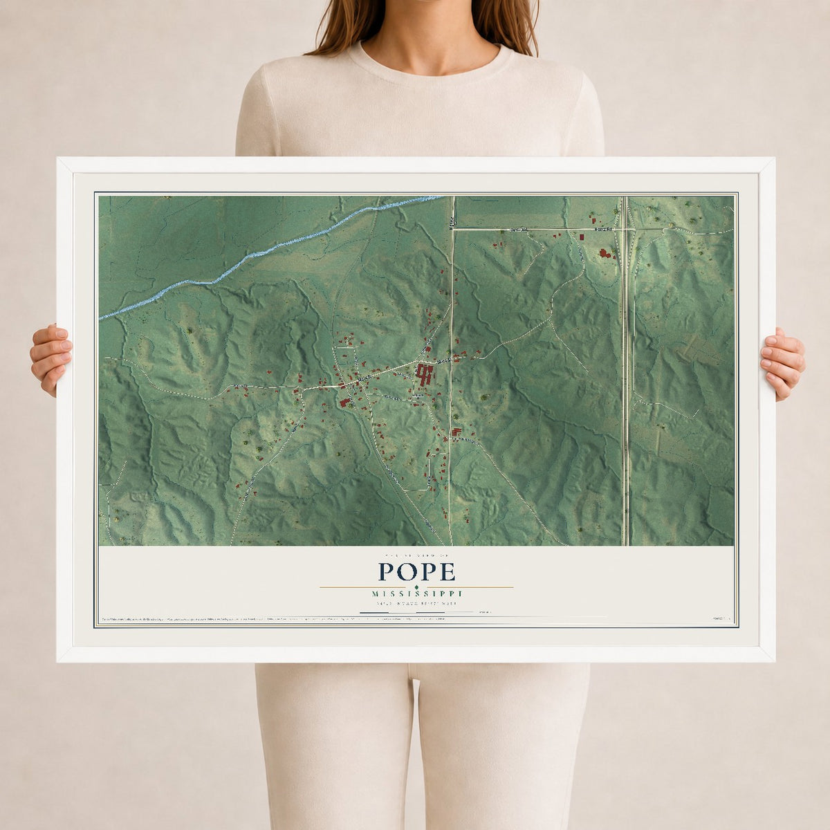Map of Pope, Mississippi, 24 x 36 inch print in a white wood frame