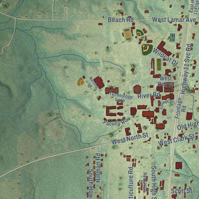 Second close-up of the map of Poplarville, Mississippi print showing more streets and buildings