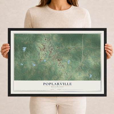 Map of Poplarville, Mississippi, 12 x 18 inch print in a black wood frame