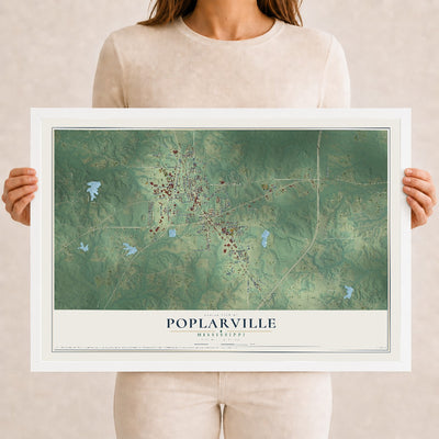 Map of Poplarville, Mississippi, 12 x 18 inch print in a white wood frame