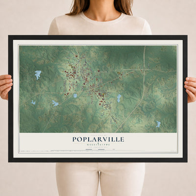 Map of Poplarville, Mississippi, 18 x 24 inch print in a black wood frame
