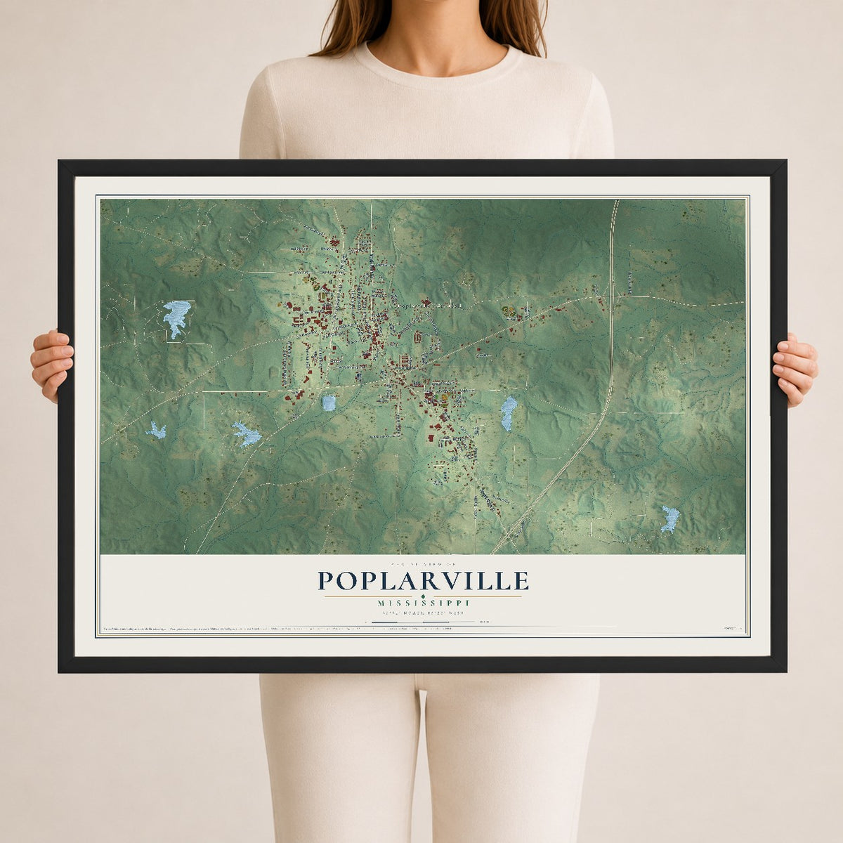 Map of Poplarville, Mississippi, 24 x 36 inch print in a black wood frame