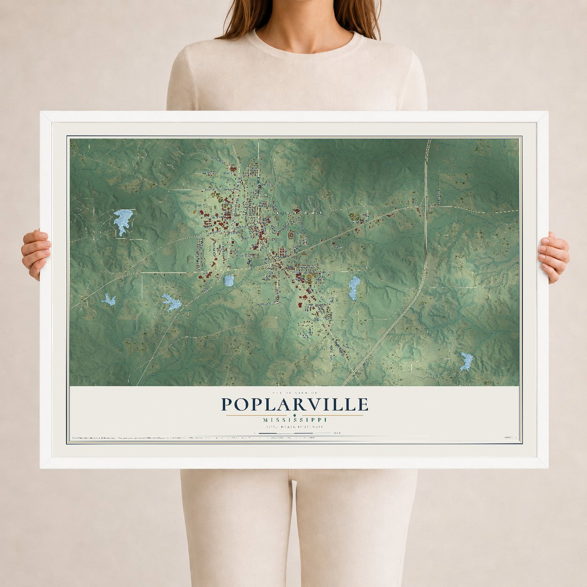 Map of Poplarville, Mississippi, 24 x 36 inch print in a white wood frame