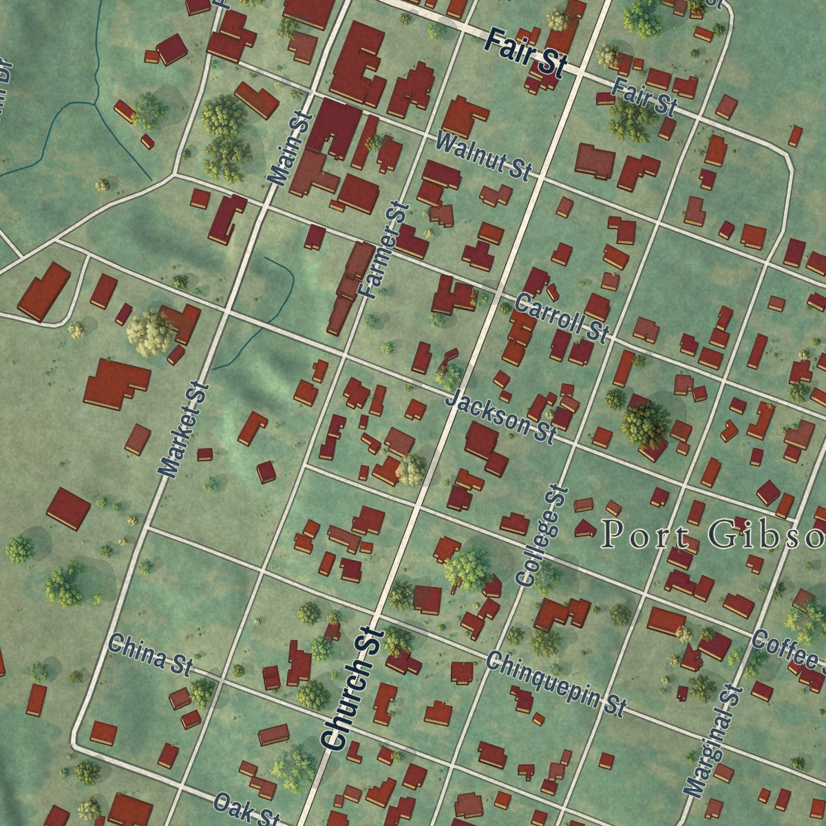 Close-up of the map of Port Gibson, Mississippi print showing street and building detail