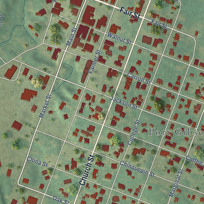Close-up of the map of Port Gibson, Mississippi print showing street and building detail
