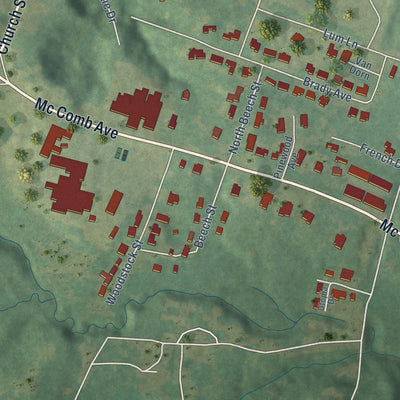 Second close-up of the map of Port Gibson, Mississippi print showing more streets and buildings