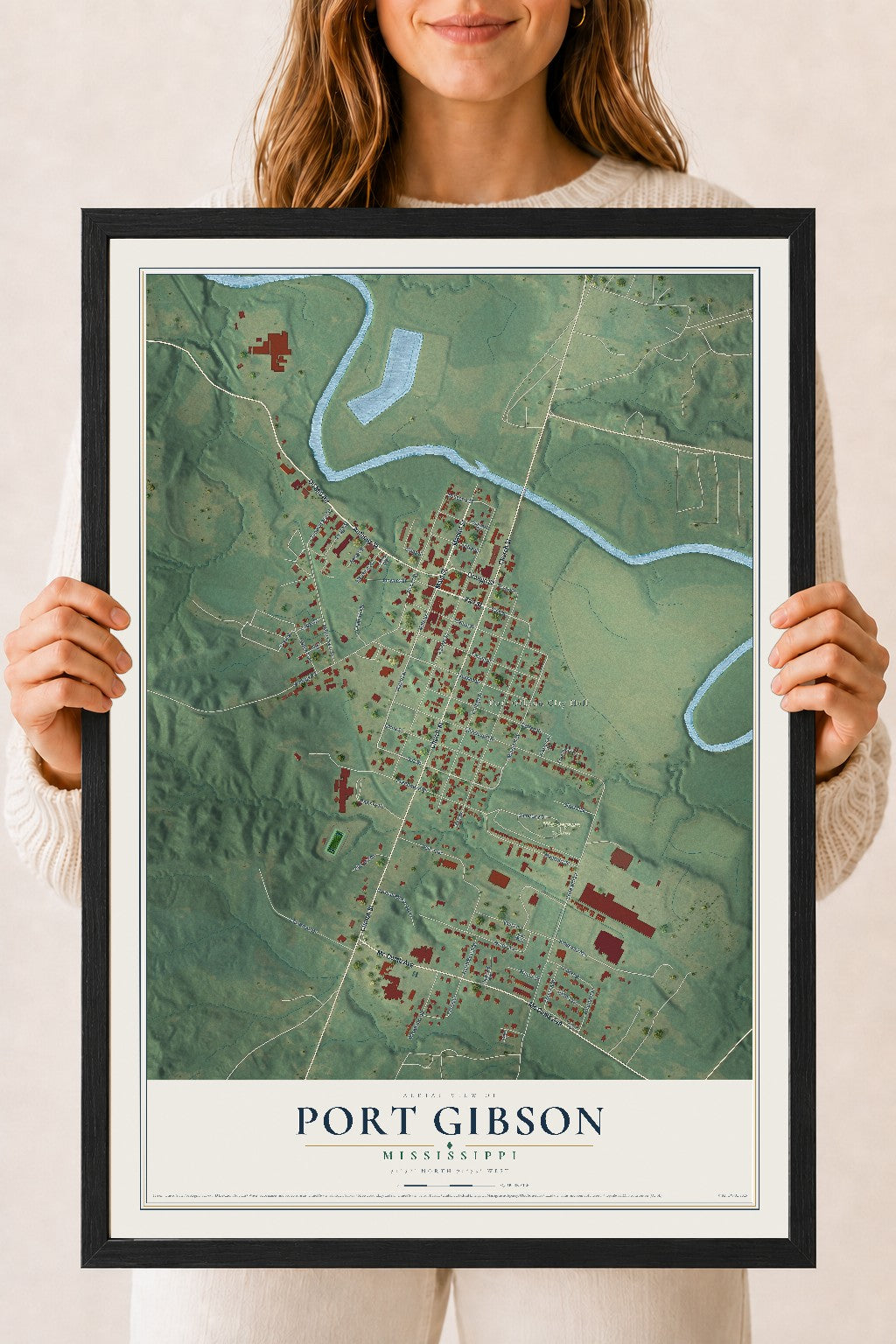 Map of Port Gibson, Mississippi, 18 x 24 inch print in a black wood frame