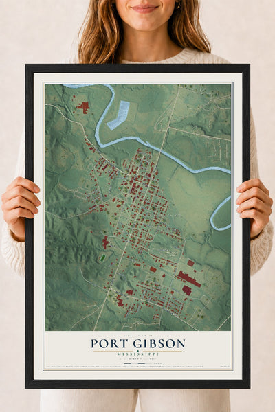 Map of Port Gibson, Mississippi, 18 x 24 inch print in a black wood frame