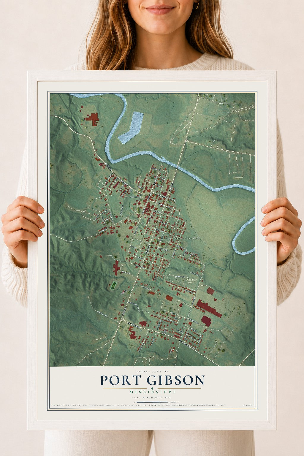 Map of Port Gibson, Mississippi, 18 x 24 inch print in a white wood frame