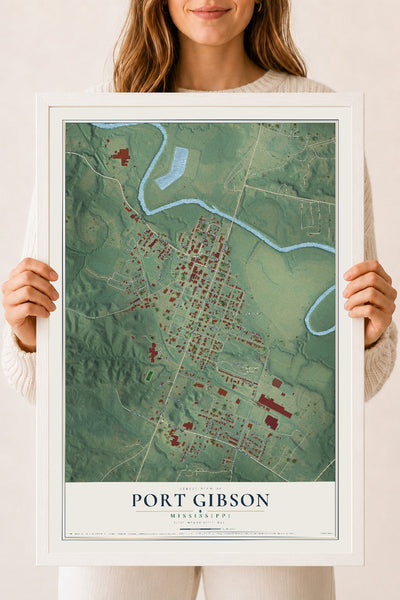 Map of Port Gibson, Mississippi, 18 x 24 inch print in a white wood frame