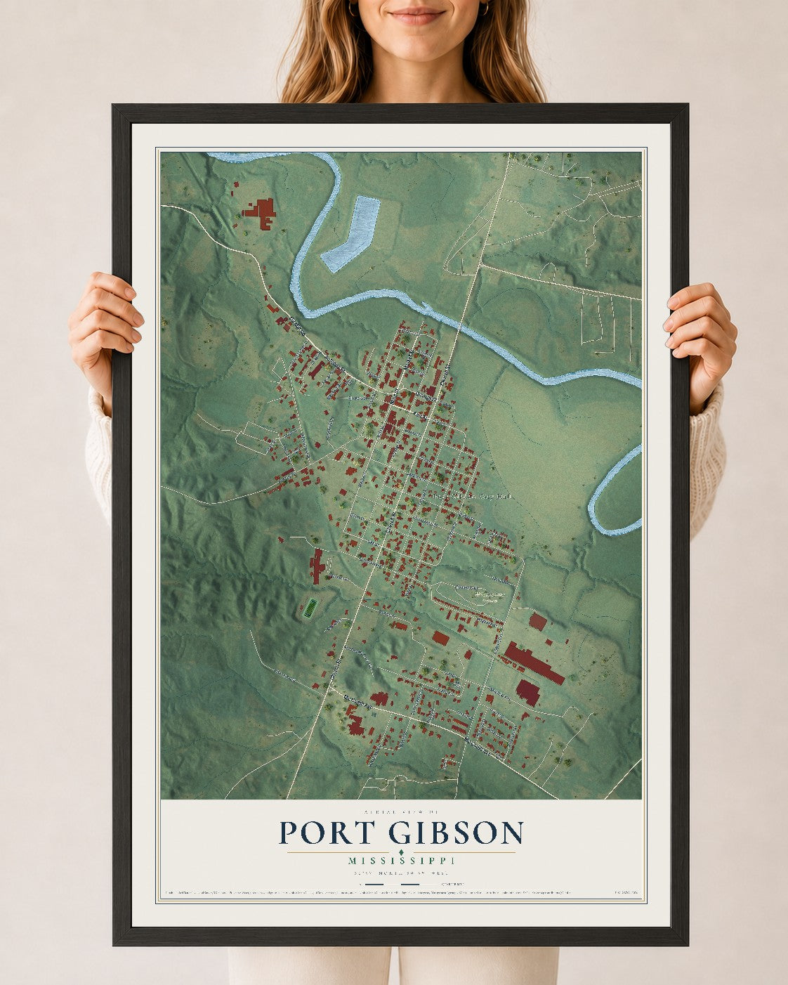 Map of Port Gibson, Mississippi, 24 x 36 inch print in a black wood frame
