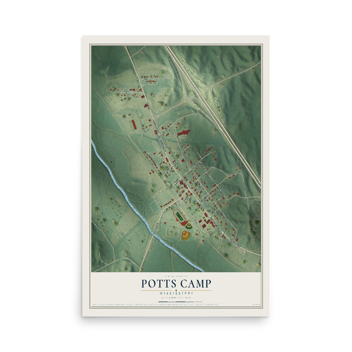 Map of Potts Camp, Mississippi, 12 x 18 inch unframed archival matte print