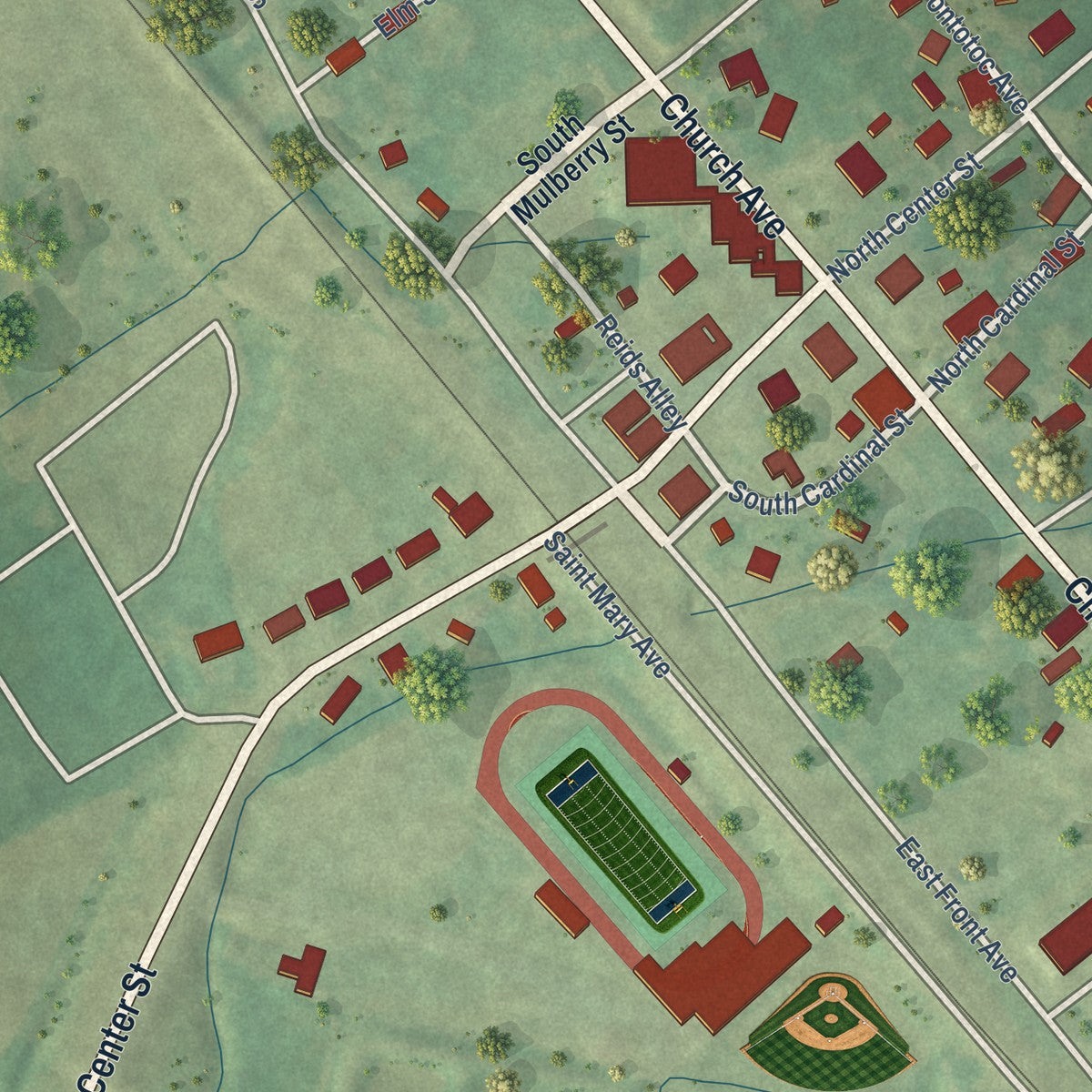 Close-up of the map of Potts Camp, Mississippi print showing street and building detail