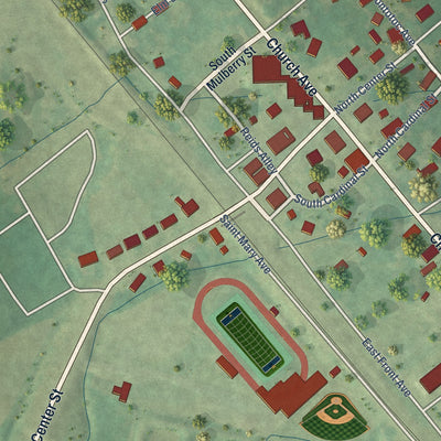 Close-up of the map of Potts Camp, Mississippi print showing street and building detail