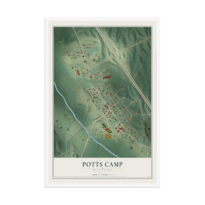 Map of Potts Camp, Mississippi, 12 x 18 inch print in a white wood frame