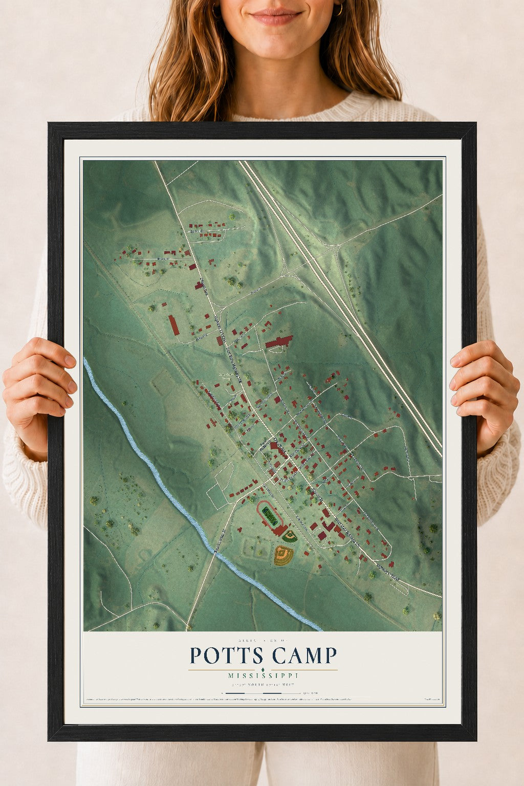 Map of Potts Camp, Mississippi, 18 x 24 inch print in a black wood frame