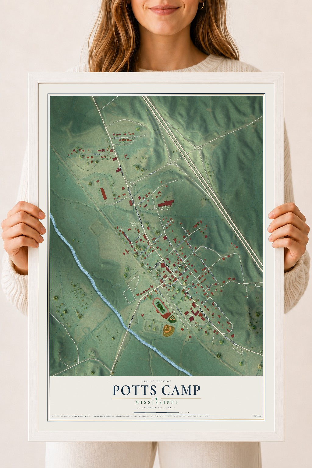 Map of Potts Camp, Mississippi, 18 x 24 inch print in a white wood frame
