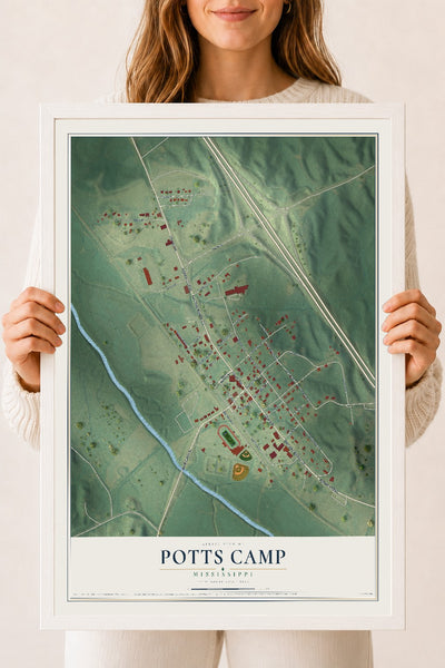 Map of Potts Camp, Mississippi, 18 x 24 inch print in a white wood frame