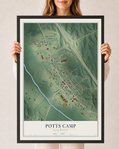 Map of Potts Camp, Mississippi, 24 x 36 inch print in a black wood frame