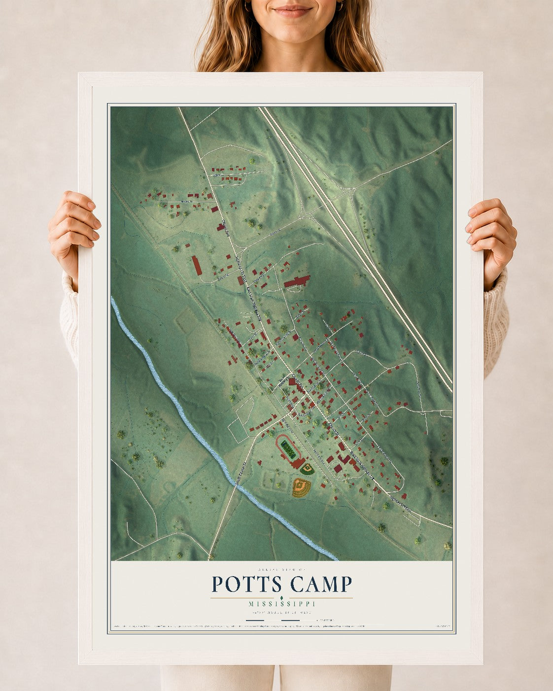Map of Potts Camp, Mississippi, 24 x 36 inch print in a white wood frame