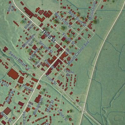 Close-up of the map of Prentiss, Mississippi print showing street and building detail