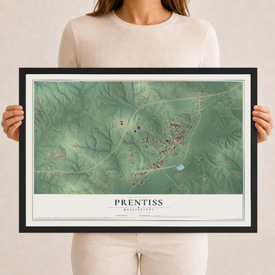 Map of Prentiss, Mississippi, 12 x 18 inch print in a black wood frame