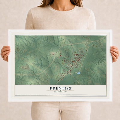 Map of Prentiss, Mississippi, 12 x 18 inch print in a white wood frame
