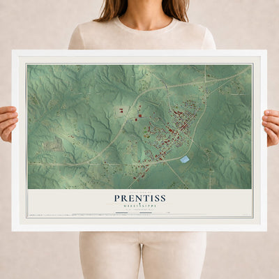 Map of Prentiss, Mississippi, 18 x 24 inch print in a white wood frame