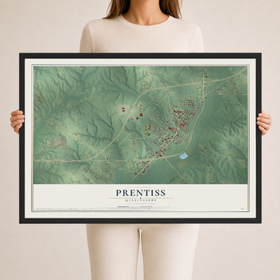 Map of Prentiss, Mississippi, 24 x 36 inch print in a black wood frame