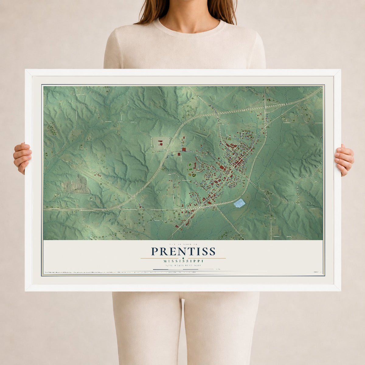 Map of Prentiss, Mississippi, 24 x 36 inch print in a white wood frame