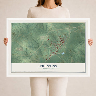 Map of Prentiss, Mississippi, 24 x 36 inch print in a white wood frame