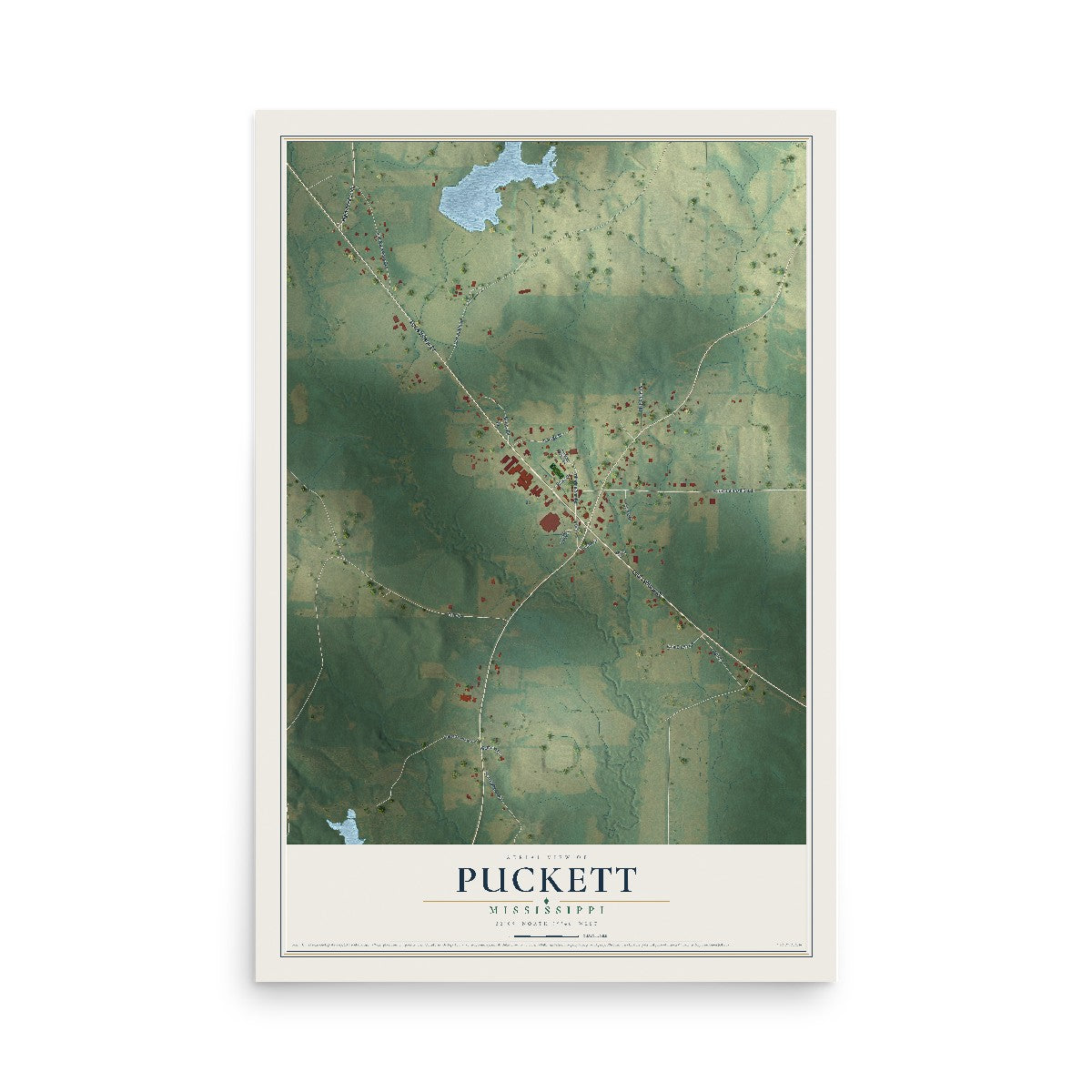 Map of Puckett, Mississippi, 12 x 18 inch unframed archival matte print