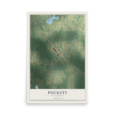 Map of Puckett, Mississippi, 12 x 18 inch unframed archival matte print