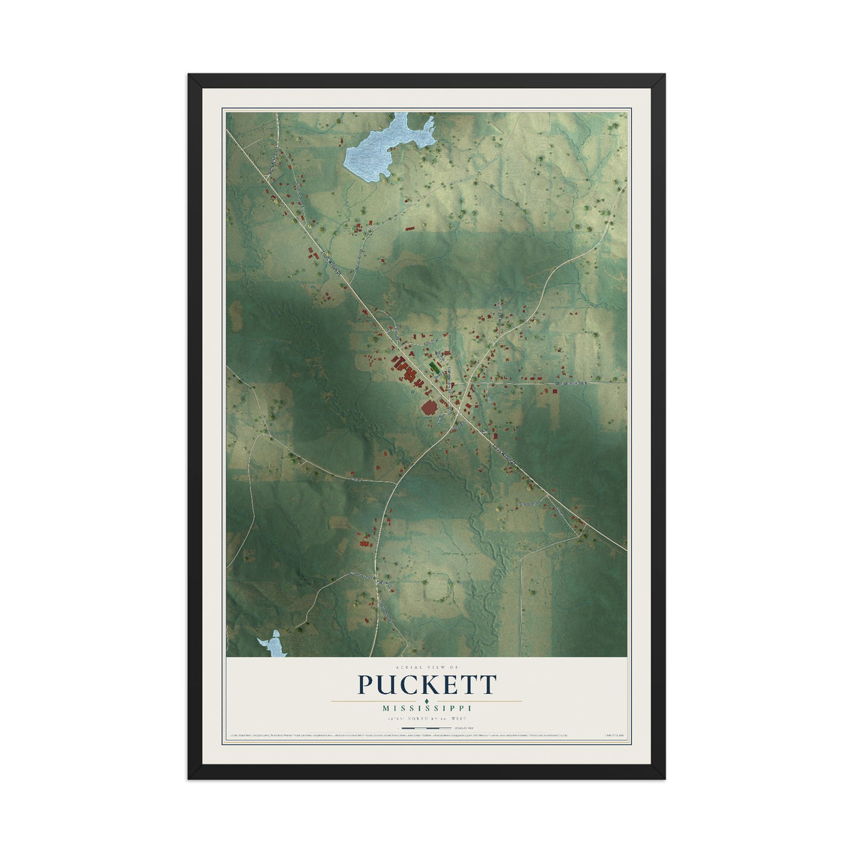Map of Puckett, Mississippi, 12 x 18 inch print in a black wood frame