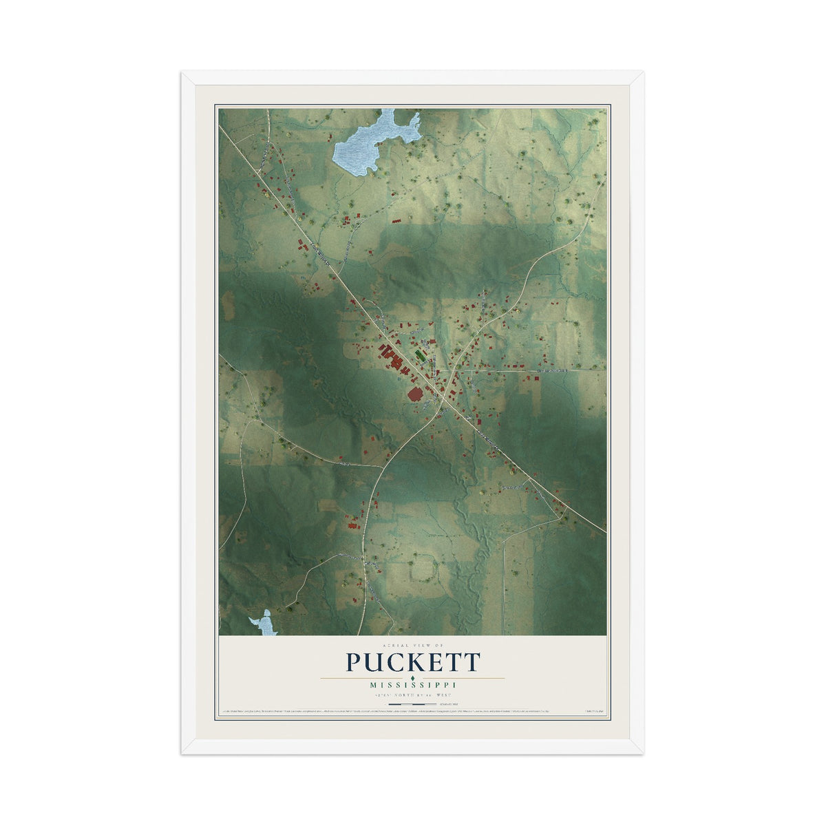Map of Puckett, Mississippi, 12 x 18 inch print in a white wood frame