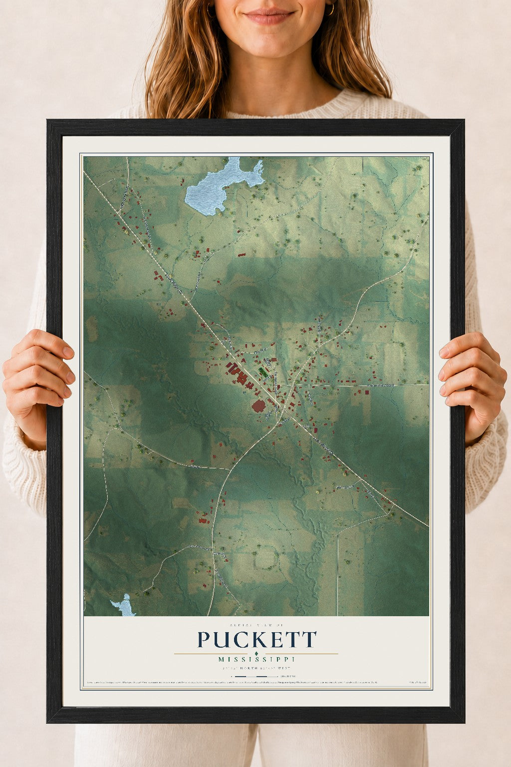Map of Puckett, Mississippi, 18 x 24 inch print in a black wood frame