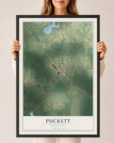 Map of Puckett, Mississippi, 24 x 36 inch print in a black wood frame