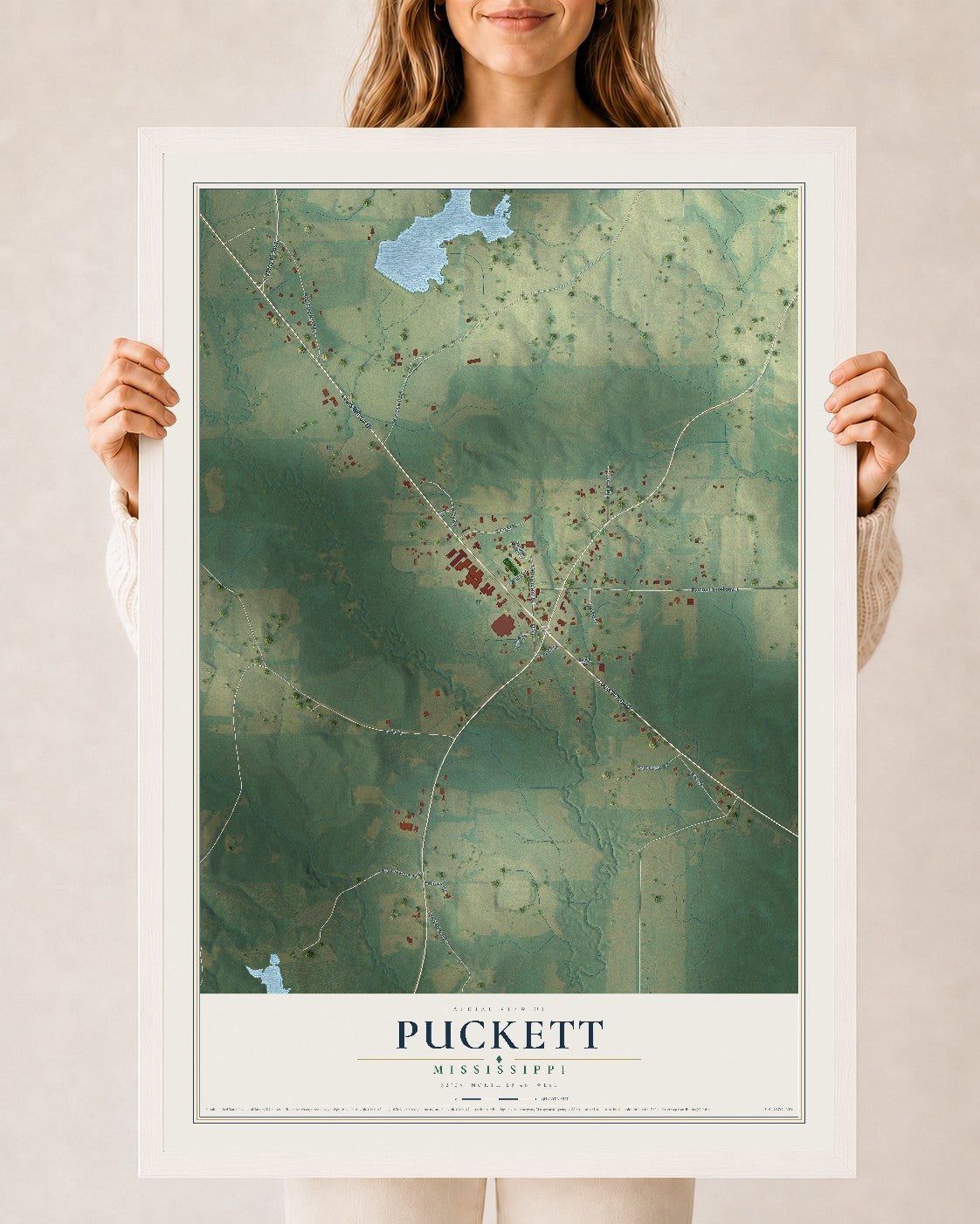 Map of Puckett, Mississippi, 24 x 36 inch print in a white wood frame